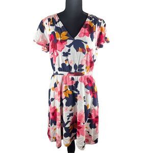 Old navy Large pink blue floral V-neck flutter sleeve defined waist dress